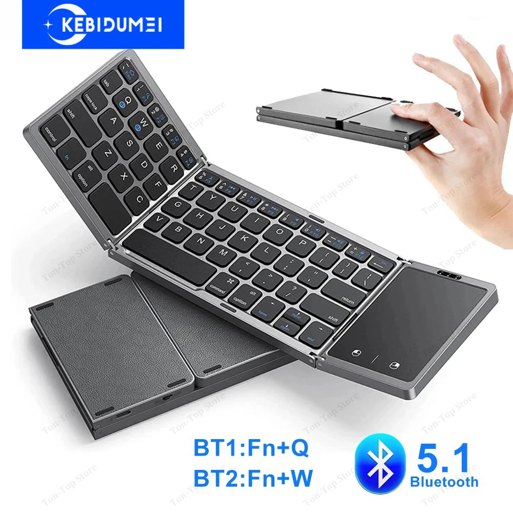 Dual Bluetooth 5.1 Keyboard 3Folding Mini Keyboard Rechargeable Foldable Keyboard with Touchpad for Windows Android IOS Ipad