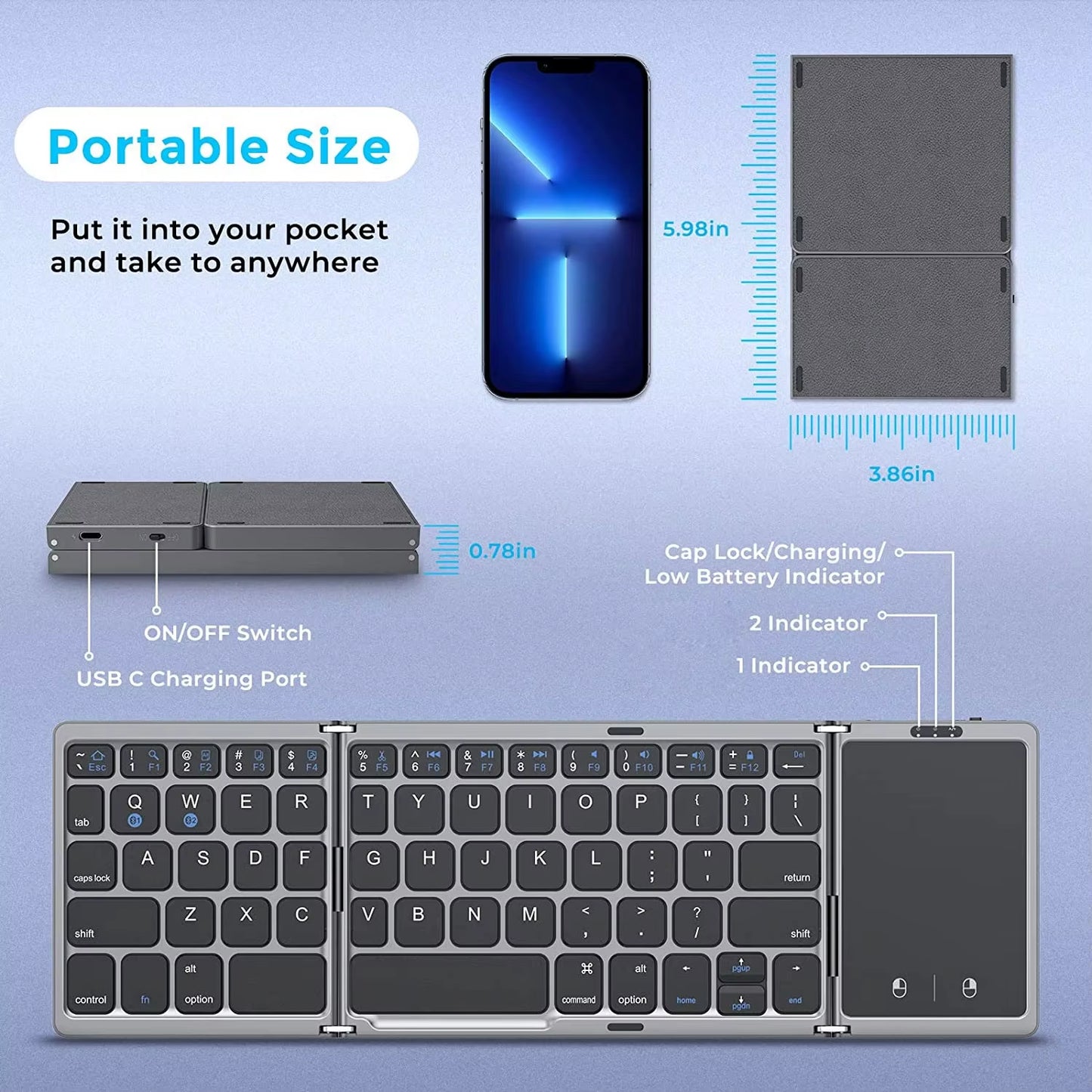 Dual Bluetooth 5.1 Keyboard 3Folding Mini Keyboard Rechargeable Foldable Keyboard with Touchpad for Windows Android IOS Ipad
