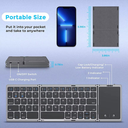 Dual Bluetooth 5.1 Keyboard 3Folding Mini Keyboard Rechargeable Foldable Keyboard with Touchpad for Windows Android IOS Ipad