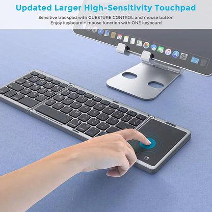Dual Bluetooth 5.1 Keyboard 3Folding Mini Keyboard Rechargeable Foldable Keyboard with Touchpad for Windows Android IOS Ipad
